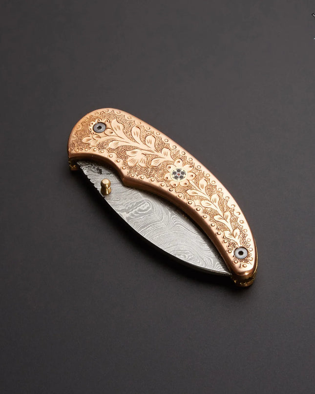 Handmade Damascus Pocket Knife Brass Engraved Handle with Leather Cover