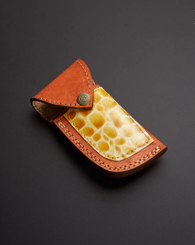 Damascus Folding Knife with Sheep Horn Handle and Premium Leather Sheath