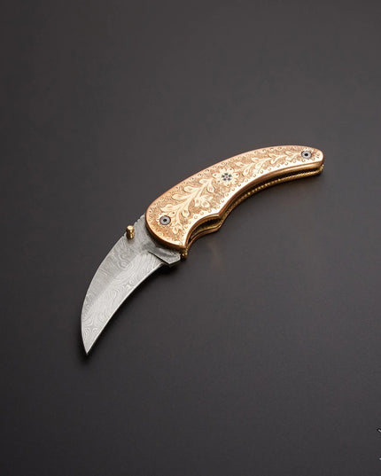 Handmade Damascus Pocket Knife Brass Engraved Handle with Leather Cover