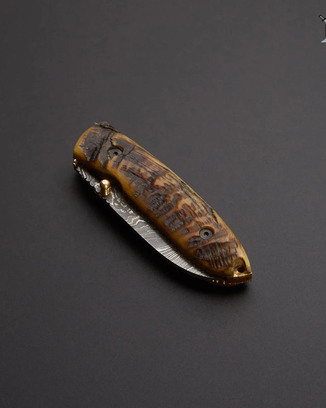 Damascus Folding Knife with Sheep Horn Handle and Premium Leather Sheath