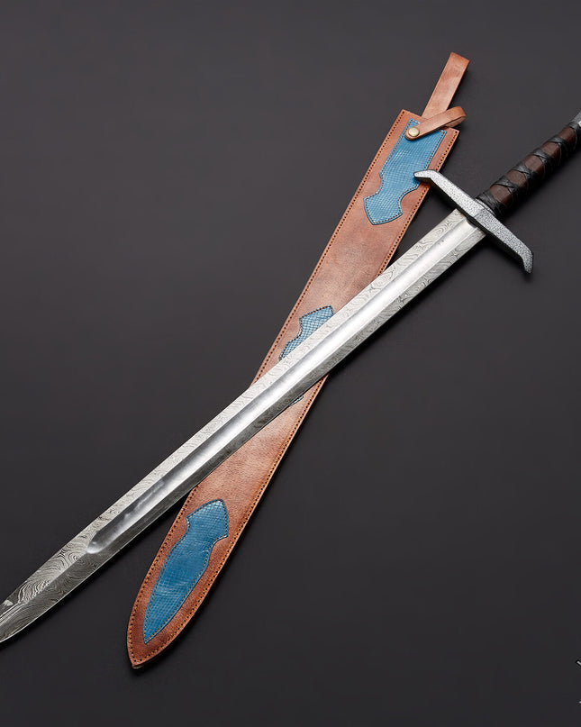 Custom Damascus Steel King Arthur Sword Lord of Rings Sword with Leather Sheath