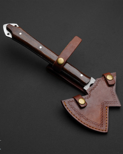 Custom Handmade Damascus Tomahawk with Rosewood Handle – 1st Edition with Leather Sheath Masterpiece for Outdoor Enthusiasts