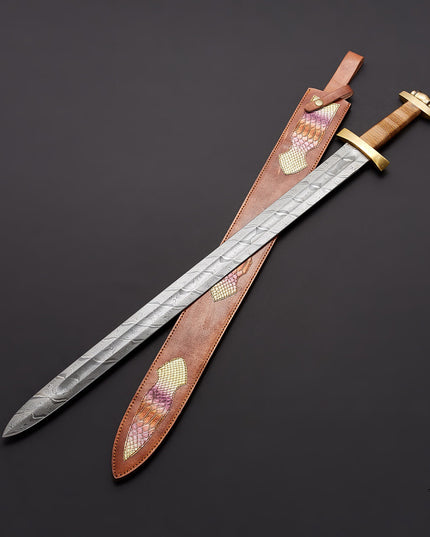 Custom Handmade Damascus Steel Viking Sword with Leather Sheath