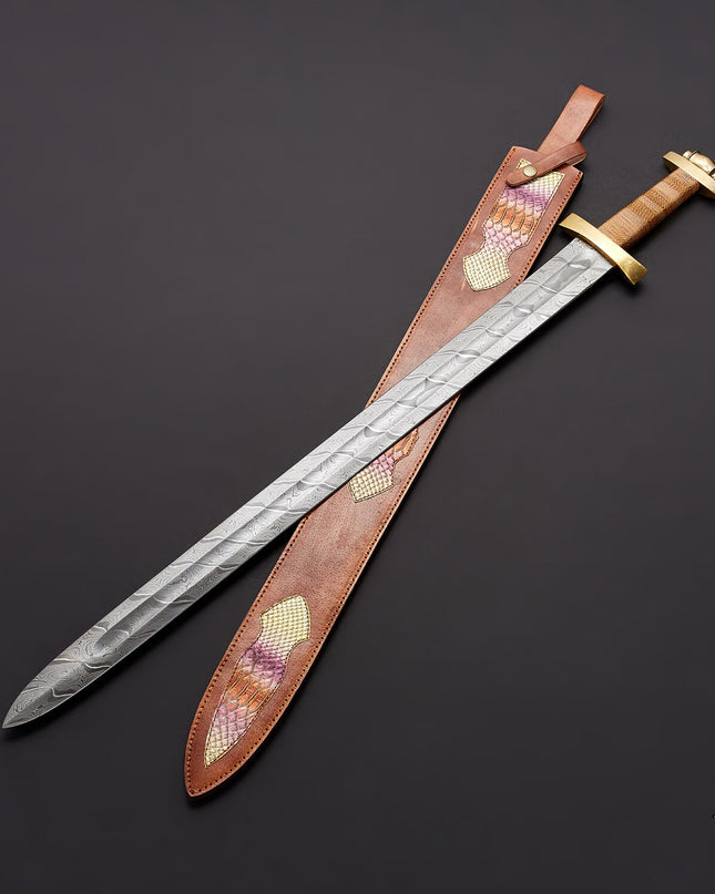 Custom Handmade Damascus Steel Viking Sword with Leather Sheath