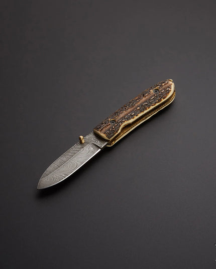 Damascus Steel Pocket Knife with Stag Horn Handle and Premium Leather Cover