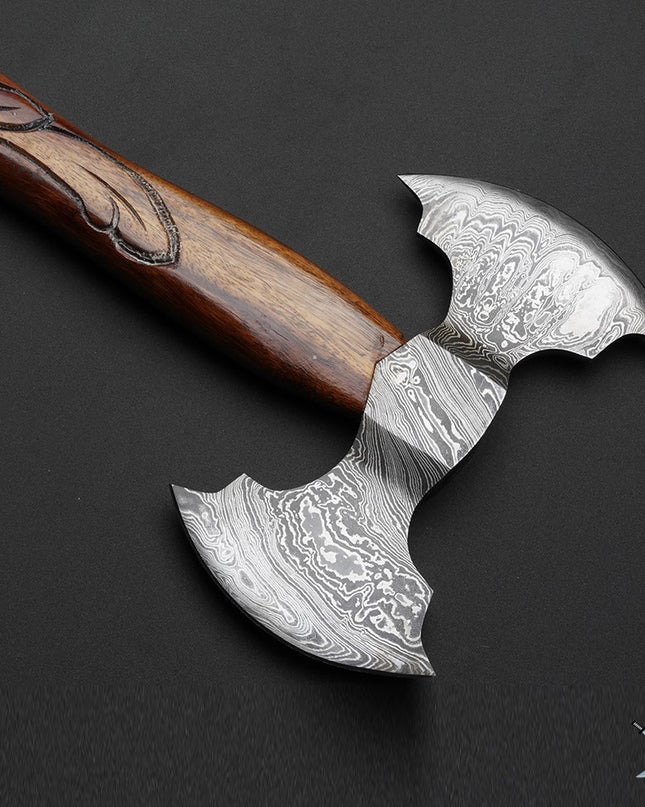 Double Edge Damascus Steel Battle Axe 17 Inches Beautiful Handle with Leather Sheath