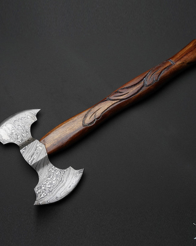 Double Edge Damascus Steel Battle Axe 17 Inches Beautiful Handle with Leather Sheath
