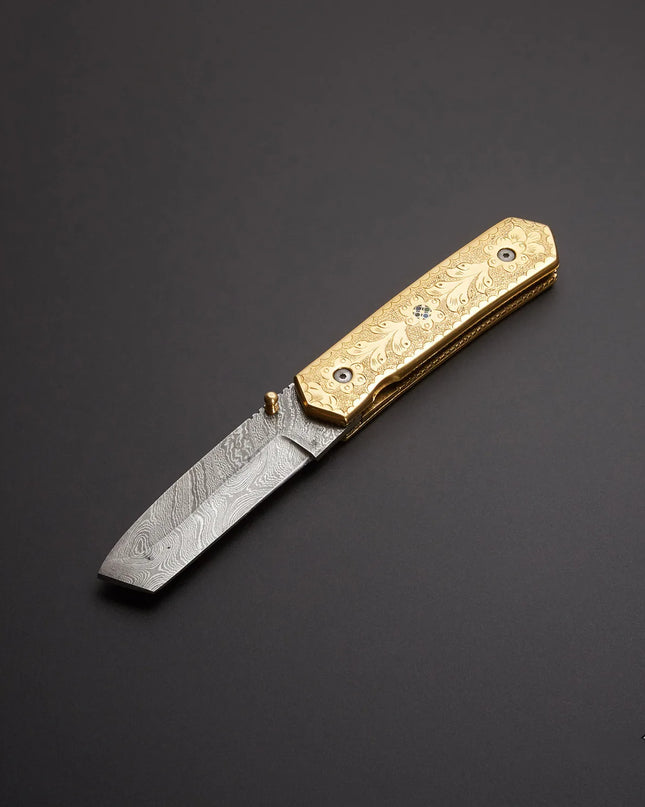 Handmade Damascus Pocket Knife with Brass Engraved Handle and Premium Leather Cover