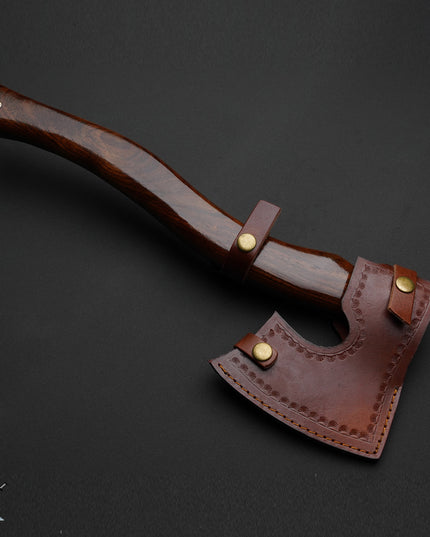 Handmade Damascus Axe with Rosewood Handle and Leather Sheath