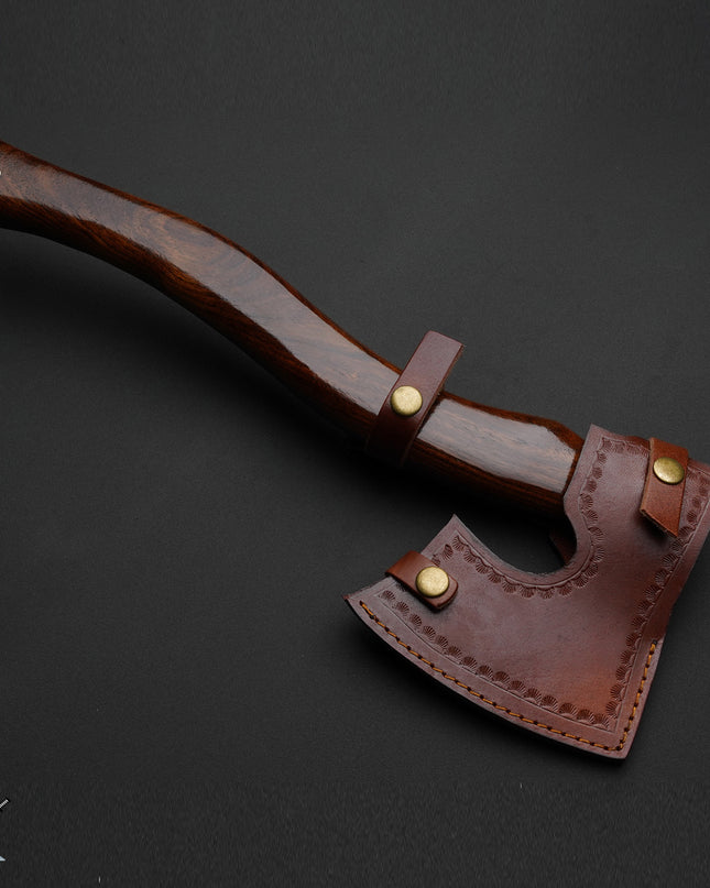 Handmade Damascus Axe with Rosewood Handle and Leather Sheath