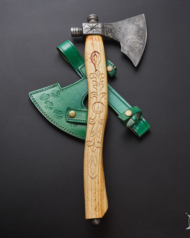 Custom Smoke Pipe Axe Damascus Steel 18 Inches Long with FREE Leather Sheath