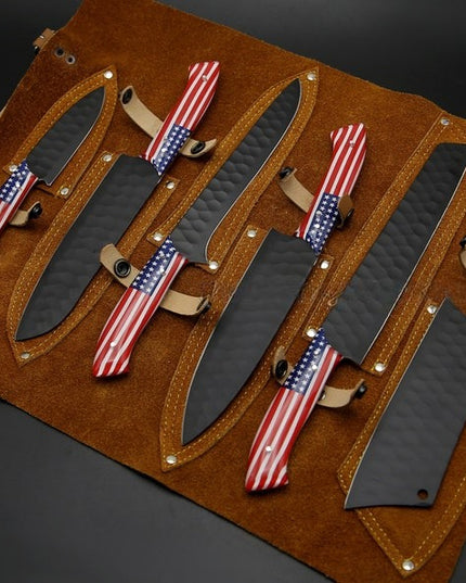 American Chef Knife Set of 6 Black Powder Coated with FREE Leather Sheath