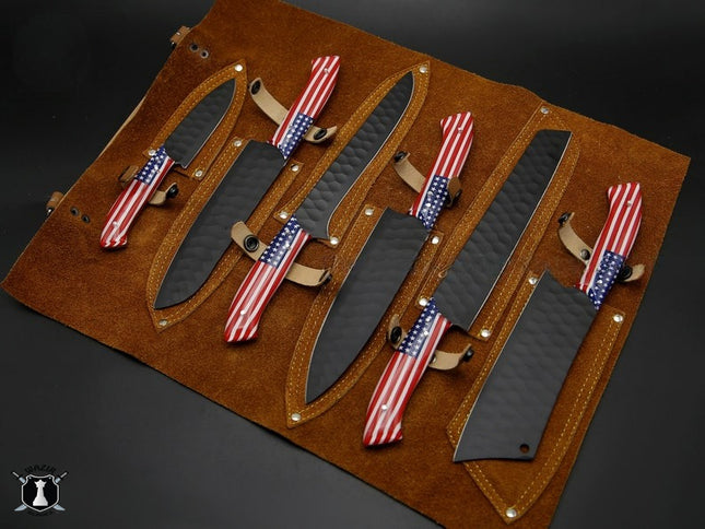American Chef Knife Set of 6 Black Powder Coated with FREE Leather Sheath