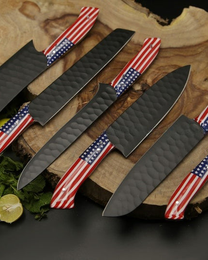 American Chef Knife Set of 6 Black Powder Coated with FREE Leather Sheath