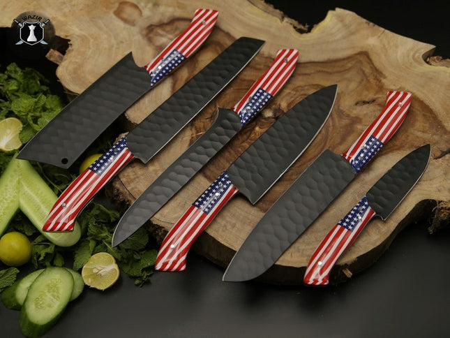 American Chef Knife Set of 6 Black Powder Coated with FREE Leather Sheath