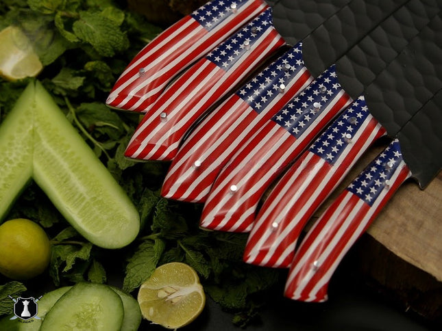 American Chef Knife Set of 6 Black Powder Coated with FREE Leather Sheath