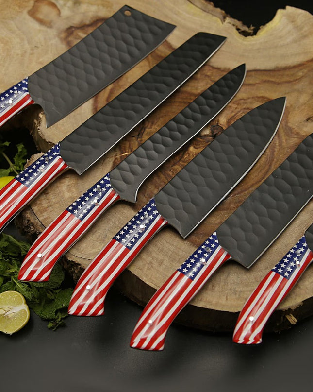 American Chef Knife Set of 6 Black Powder Coated with FREE Leather Sheath