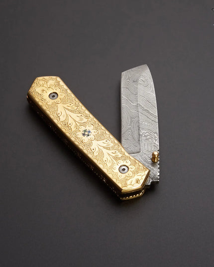 Handmade Damascus Pocket Knife with Brass Engraved Handle and Premium Leather Cover