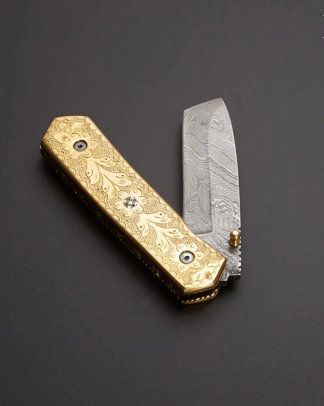 Handmade Damascus Pocket Knife with Brass Engraved Handle and Premium Leather Cover