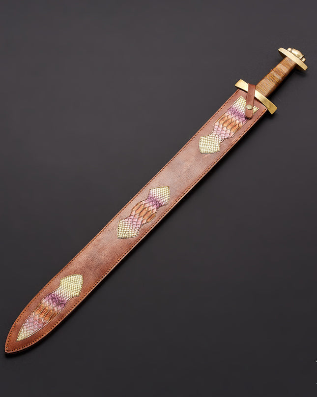 Custom Handmade Damascus Steel Viking Sword with Leather Sheath