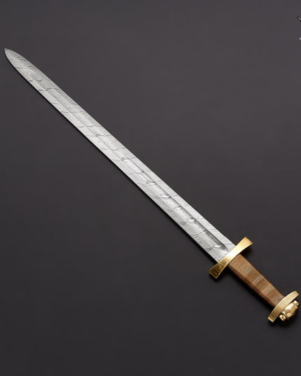 Custom Handmade Damascus Steel Viking Sword with Leather Sheath