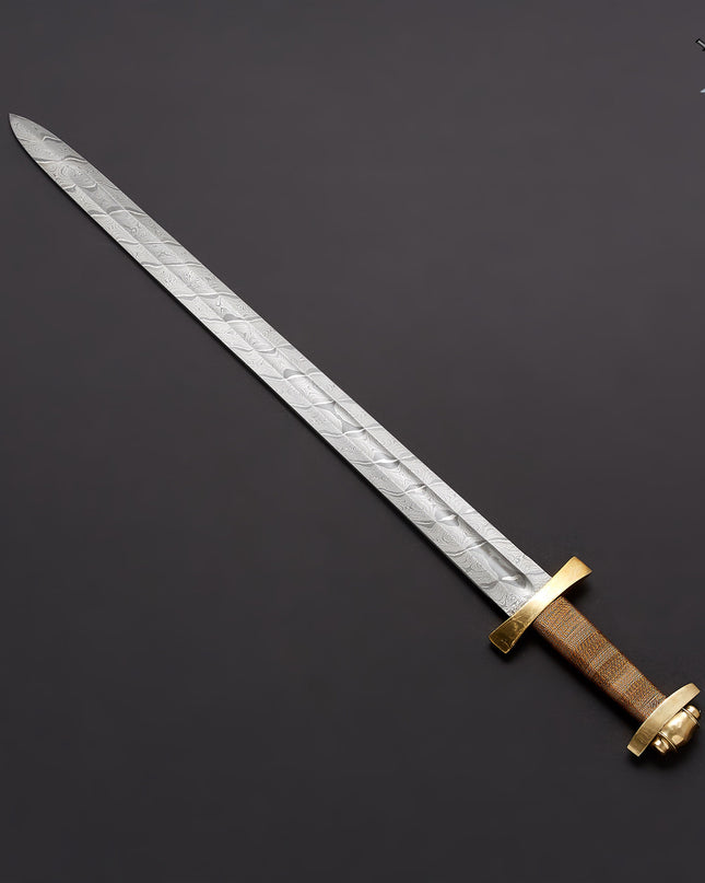 Custom Handmade Damascus Steel Viking Sword with Leather Sheath