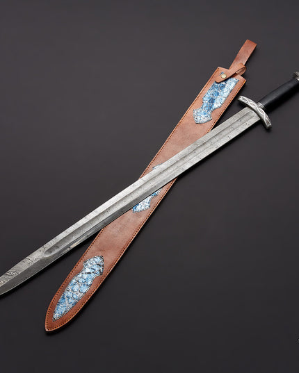 Custom Handmade Damascus Steel Viking Sword with Leather Sheath