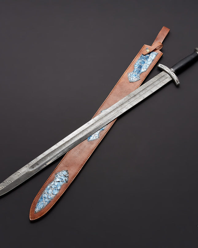 Custom Handmade Damascus Steel Viking Sword with Leather Sheath