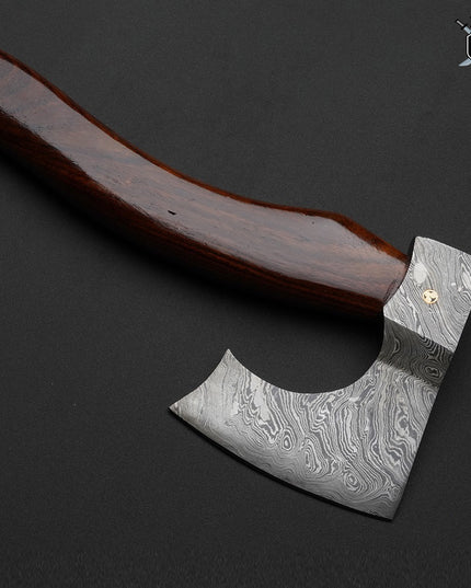 Handmade Damascus Axe with Rosewood Handle and Leather Sheath