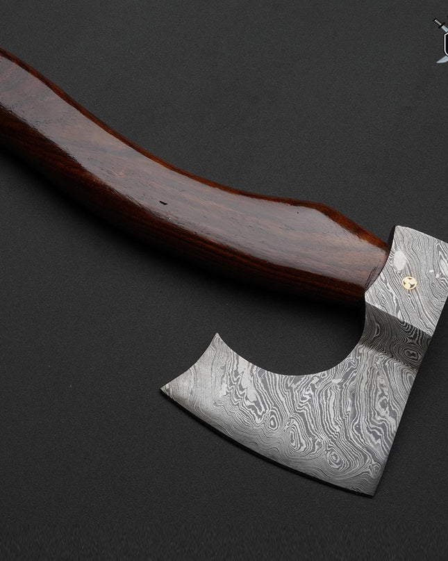 Handmade Damascus Axe with Rosewood Handle and Leather Sheath