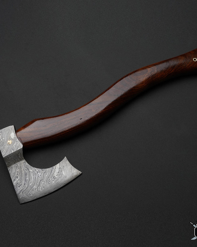 Handmade Damascus Axe with Rosewood Handle and Leather Sheath
