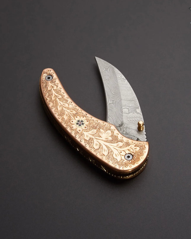 Handmade Damascus Pocket Knife Brass Engraved Handle with Leather Cover