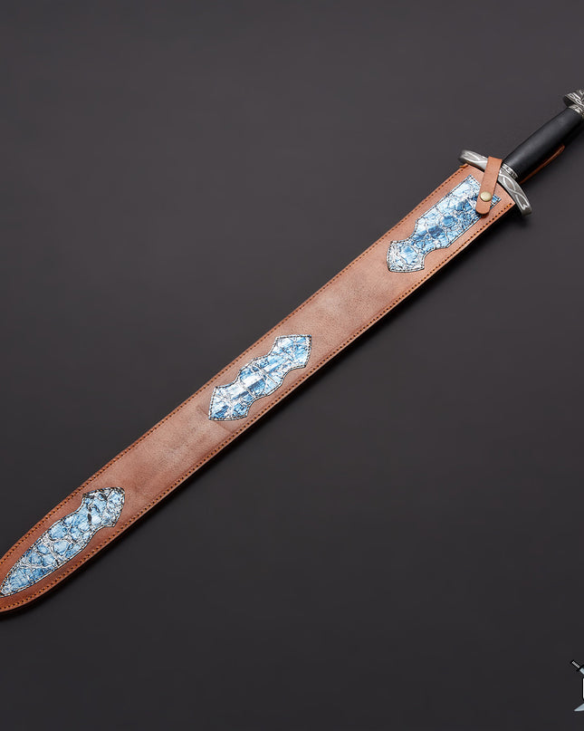 Custom Handmade Damascus Steel Viking Sword with Leather Sheath