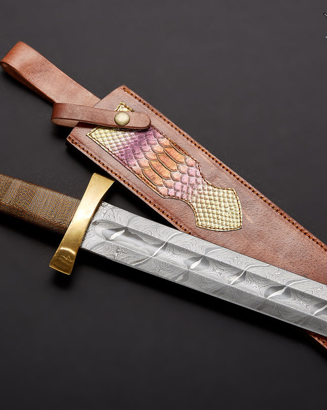 Custom Handmade Damascus Steel Viking Sword with Leather Sheath