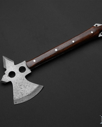 Custom Handmade Damascus Tomahawk with Rosewood Handle – 1st Edition with Leather Sheath Masterpiece for Outdoor Enthusiasts