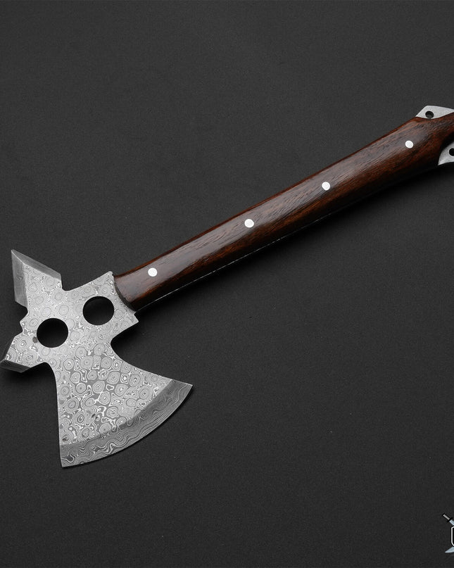 Custom Handmade Damascus Tomahawk with Rosewood Handle – 1st Edition with Leather Sheath Masterpiece for Outdoor Enthusiasts