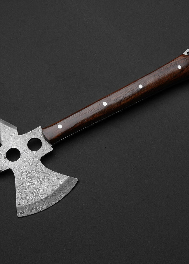 Custom Handmade Damascus Tomahawk with Rosewood Handle – 1st Edition with Leather Sheath Masterpiece for Outdoor Enthusiasts