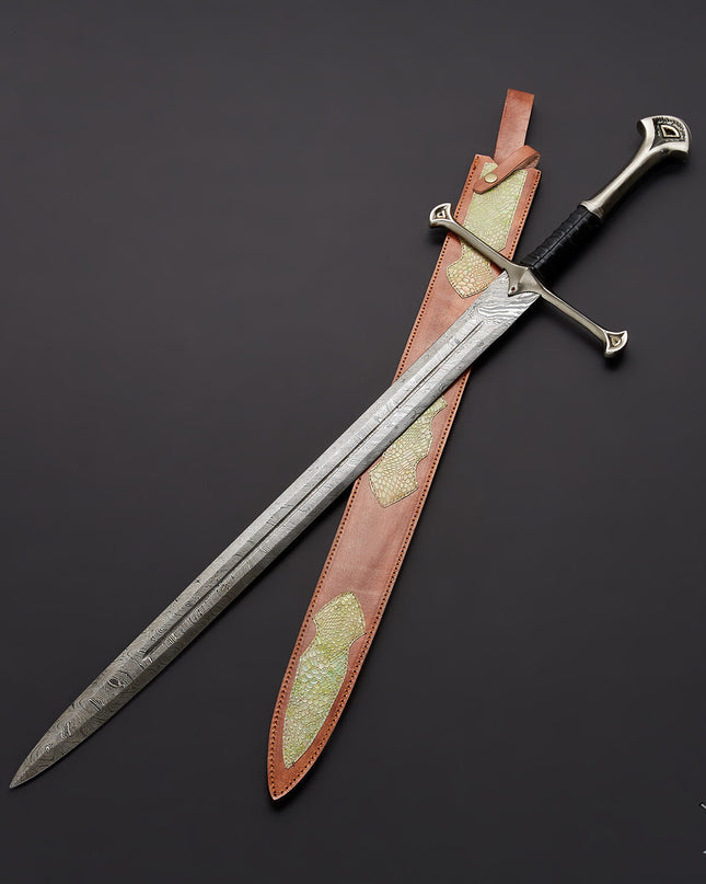 Handmade Damascus Steel Anduril Sword Lord of Rings Sword Replica with Leather Sheath