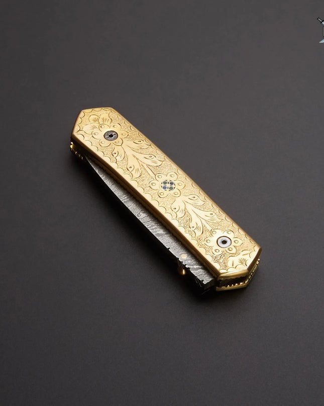 Handmade Damascus Pocket Knife with Brass Engraved Handle and Premium Leather Cover