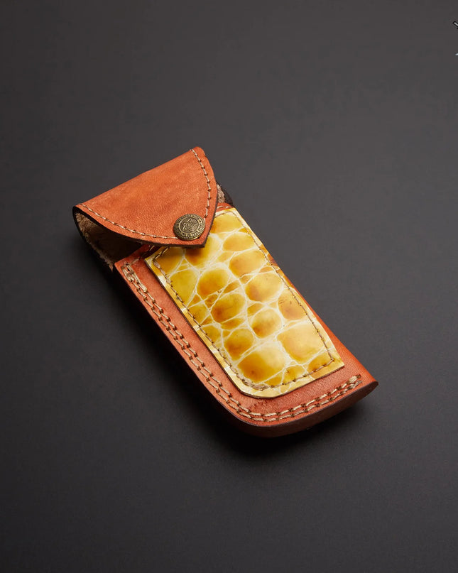 Damascus Steel Pocket Knife with Stag Horn Handle and Premium Leather Cover