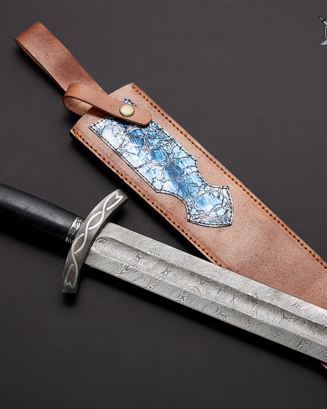 Custom Handmade Damascus Steel Viking Sword with Leather Sheath