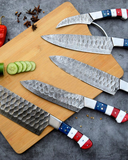 American Chef Knives Set of 5 Handmade Damascus Steel Blade Flag Handle Design with Leather Sheath