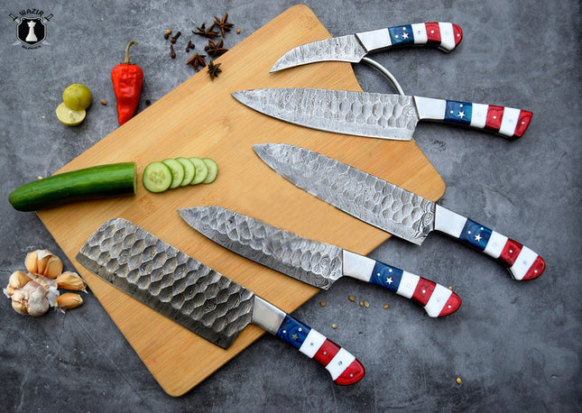 American Chef Knives Set of 5 Handmade Damascus Steel Blade Flag Handle Design with Leather Sheath