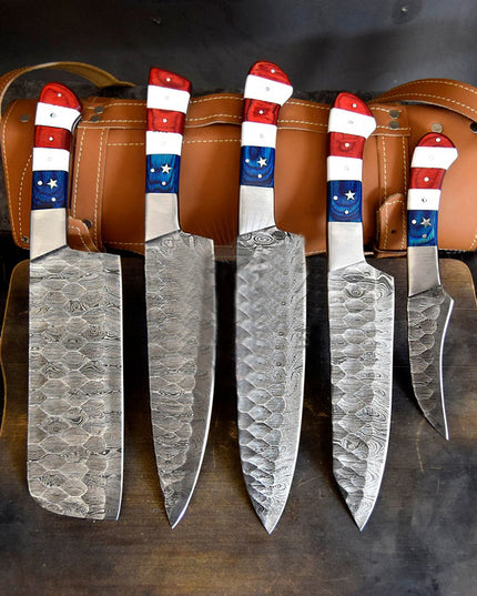 American Chef Knives Set of 5 Handmade Damascus Steel Blade Flag Handle Design with Leather Sheath