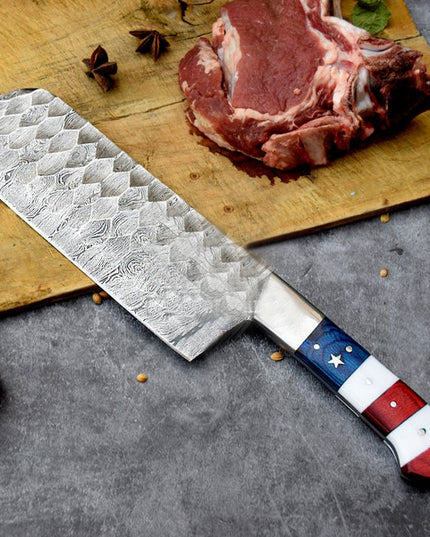 American Chef Knives Set of 5 Handmade Damascus Steel Blade Flag Handle Design with Leather Sheath