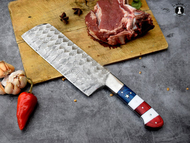 American Chef Knives Set of 5 Handmade Damascus Steel Blade Flag Handle Design with Leather Sheath