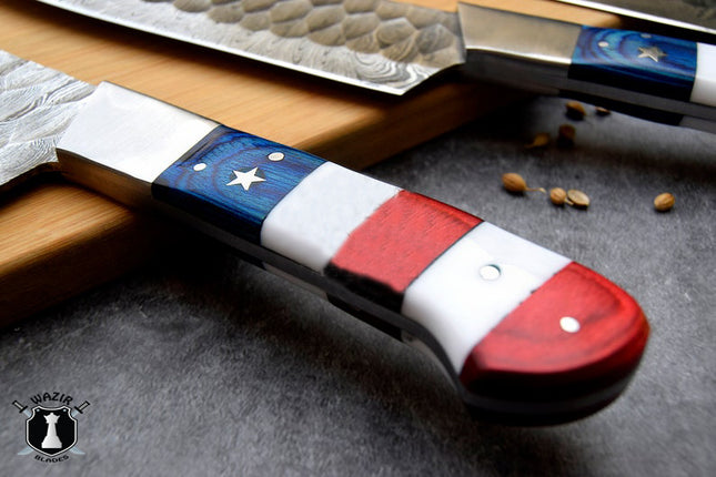 American Chef Knives Set of 5 Handmade Damascus Steel Blade Flag Handle Design with Leather Sheath