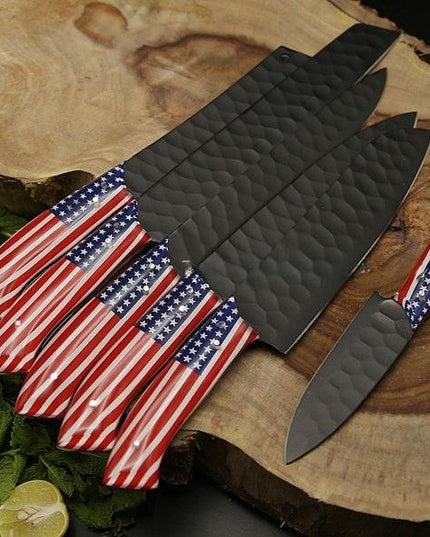 American Chef Knife Set of 6 Black Powder Coated with FREE Leather Sheath