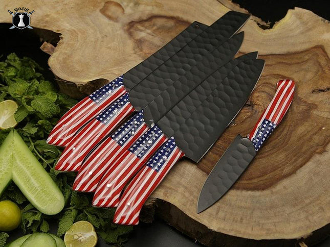 American Chef Knife Set of 6 Black Powder Coated with FREE Leather Sheath