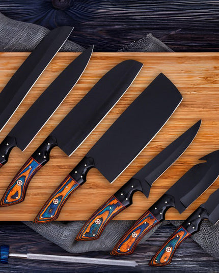 Custom Carbon Steel Handmade Chef Knives Set of 8 Dollar Wood Handle With Free Leather Sheath